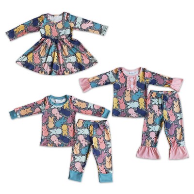 Sibling Bunny Print Leopard Ruffle Long Sleeve Pajama Set 2pcs Easter Sleepwear