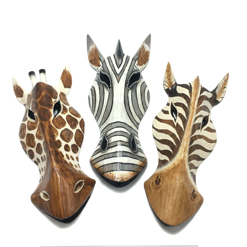 Máscara de madera de caballo jirafa cebra tallada a mano safari africano colgante de pared 10 pulgadas Foto 2 de 4