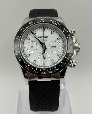 Chronograph Watch by Sanook. Sapphire Crystal Quartz Silicone band. White dial.