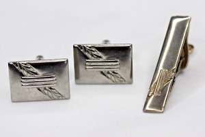 Silver Tone Art Deco Rectangle Etched Cufflinks & Alligator Clip Tie Bar