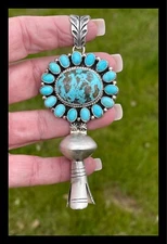 NAVAJO ~SS ~4 1/2 IN LONG ~ KINGMAN TURQUOISE ~SQUASH PENDANT~GERALDINE JAMES