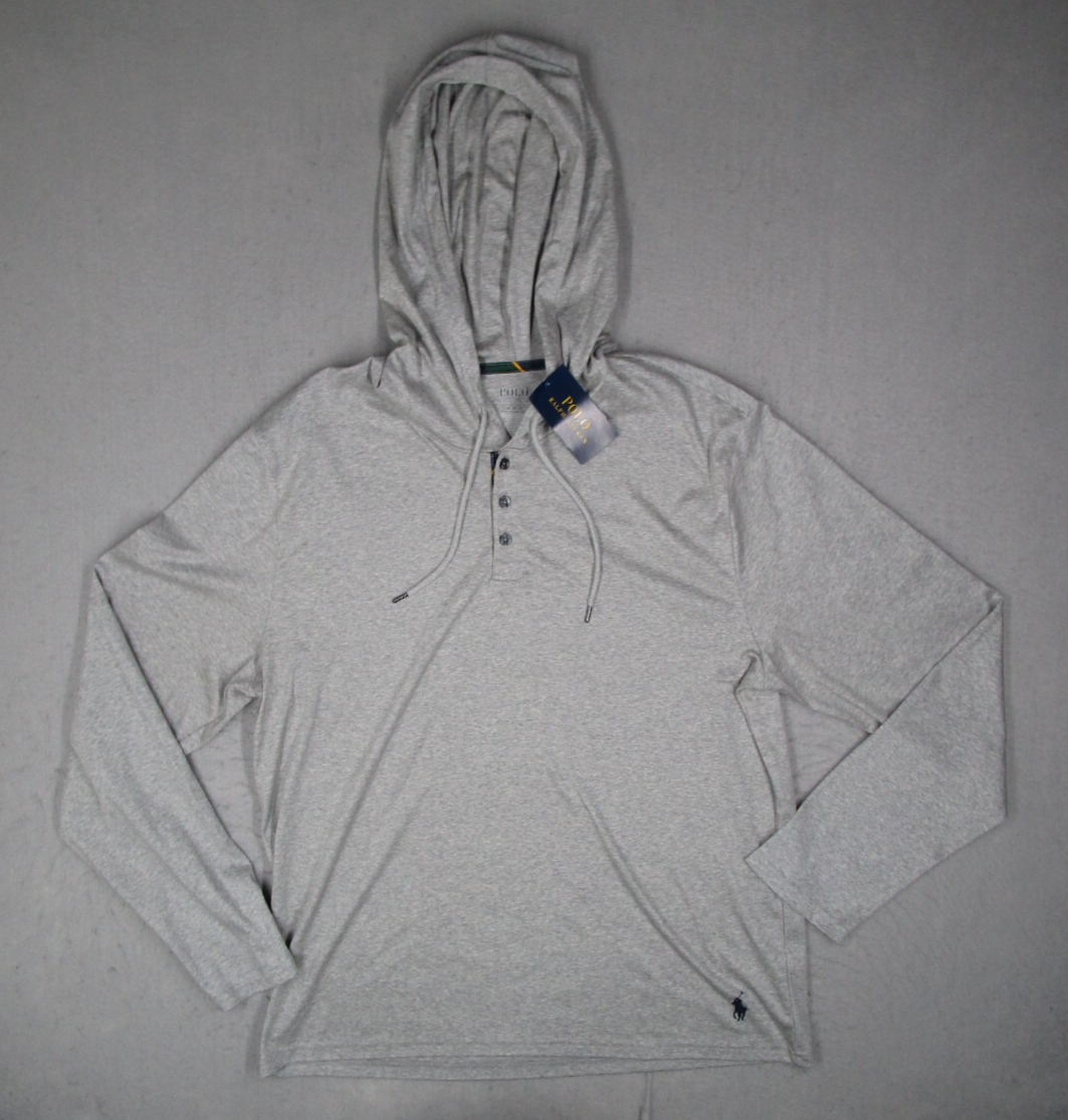 Polo Ralph Lauren felpa con cappuccio uomo grigio medio Henley manica lunga pullover blu pony