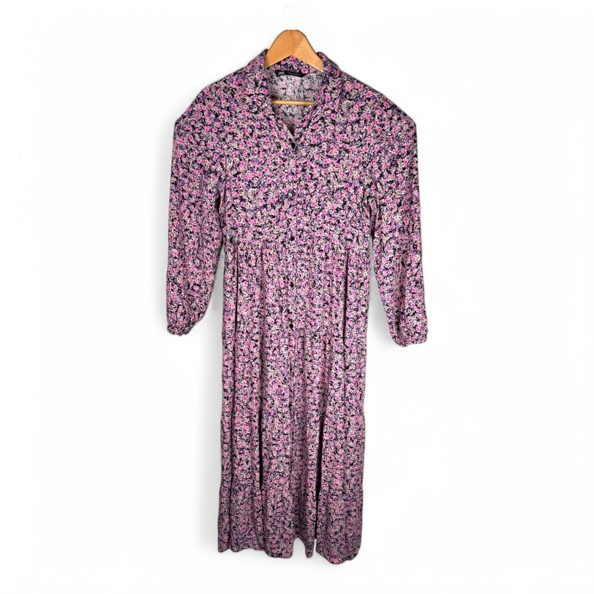 chinese dress ladies Zara Midi Dress Burgundy/Blue Floral Print Size Extra Small Long Sleev –  Celebrity Owned main image 1