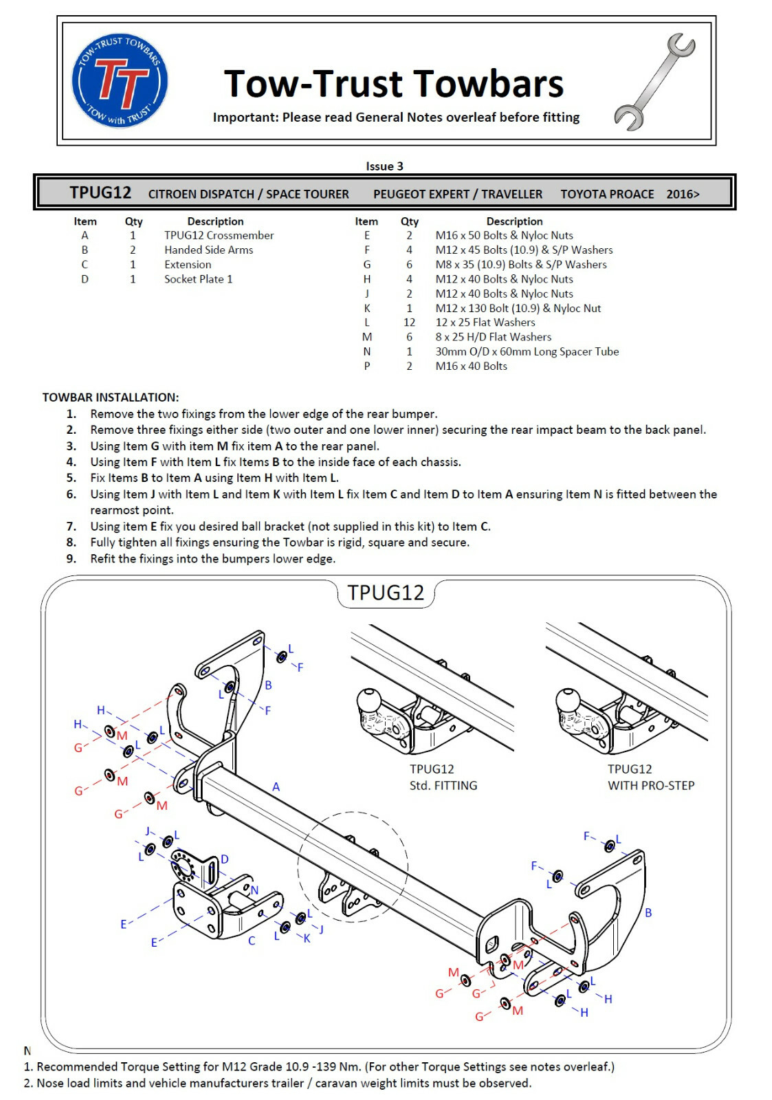 Peugeot Expert Tow Bar Van 2016 > 2021 Tow Trust Flange Tow Bars