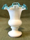 Vintage Fenton White Milk Glass with Light Blue Wavecrest Ruffled Glass Vase