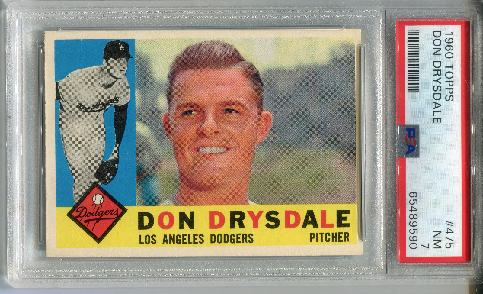 1960 Topps #475 Don Drysdale PSA 7 NM Los Angeles Dodgers