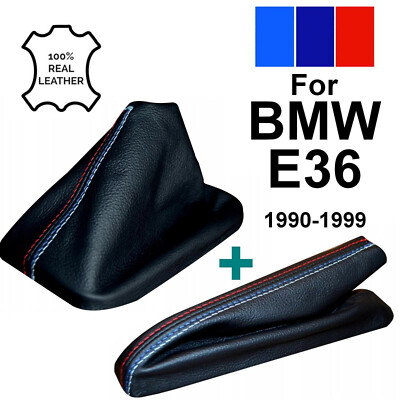 BLACK REAL LEATHER GEAR & HANDBRAKE GAITER FITS BMW 3 SERIES