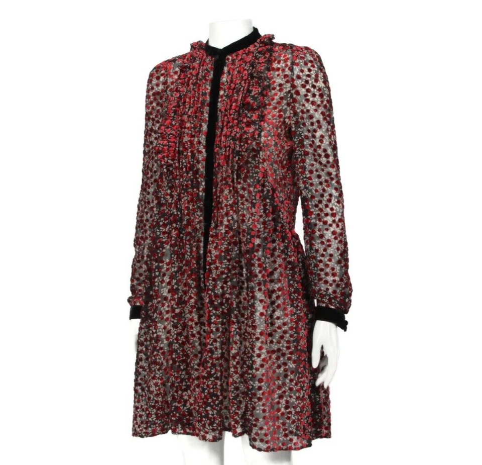 THE KOOPLES Black Red Velvet Dot Floral Sheer Goth Mini Ruffle Dress sz XS /786 - Image 3 of 4