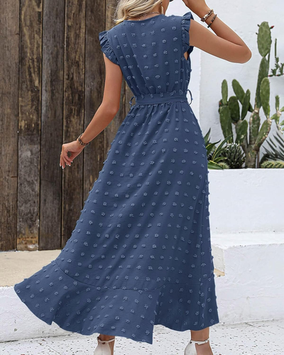 BTFBM Women V Neck Summer Dress 2025 Cap Sleeve Swiss Dot Boho Flowy Ruffle Slit - Picture 4 of 12