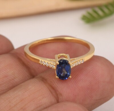 Authentic Design Sapphire & CZ Zircon 18k Gold Plated Engagement Ring For Gift