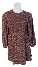 Old Navy L Burgundy Blue Floral Smocked Bodice Dress POCKETS