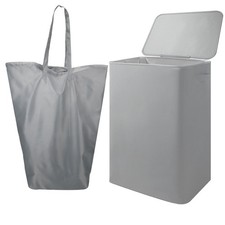 Foldable Laundry Hamper with Lid Bag Drawstring Portable Basket Handles Grey