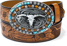 Western Cowboy Cowgirl Leather Belts - Women Men Turquoise Embossed Waist Belts