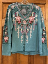 Sundance Catalogue Women's Cotton Top T-Shirt With Embroidery Medium NWOT  Teal