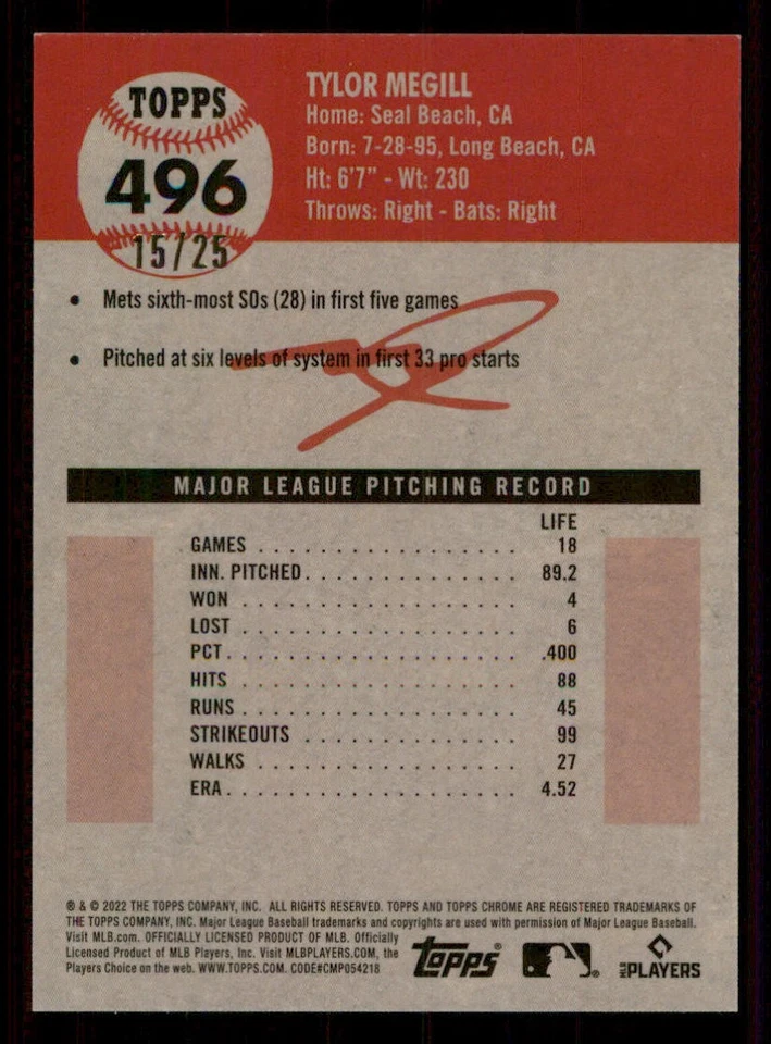 2022 Topps Chrome Platinum Anniversary Orange Wave #496 Tylor Megill /25 - Image 2 of 2