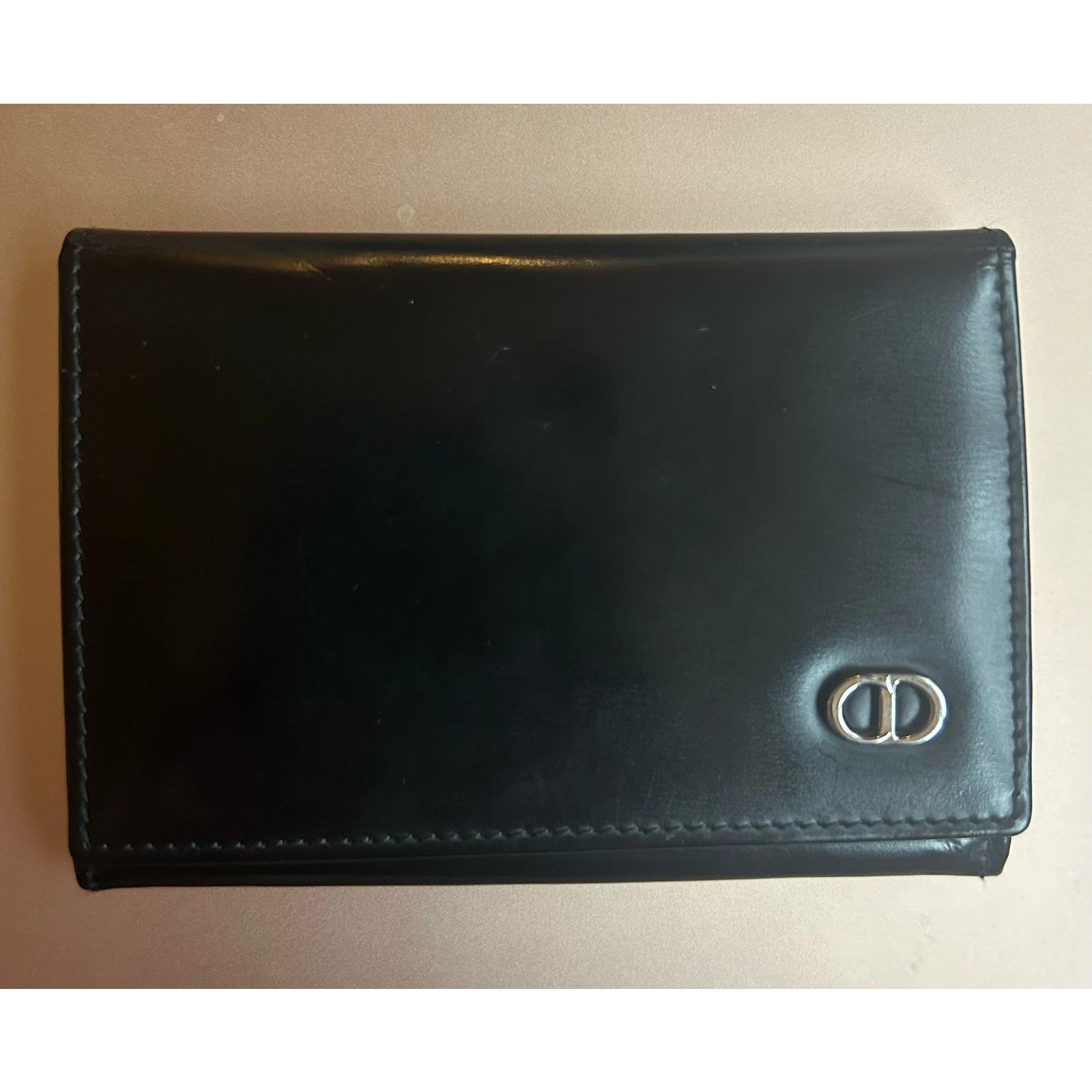 Portefeuille à deux volets vintage Dior en cuir noir icône CD   (MC0987)
