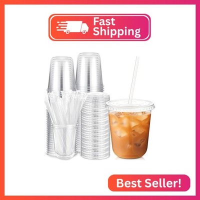 Ziliny 50 Sets 14oz Clear Plastic Cups with Lids and Straws Disposable Cups