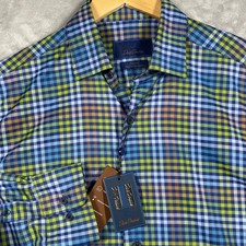 David Donahue Fusion Performance Dress Shirt Navy Olive Check 15.5 M NEW 155