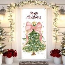 Christmas Tree Door Cover Decoration, Glitter Coquette Pink Bow Xmas Tree