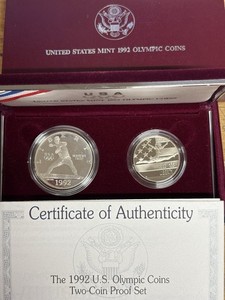 1992 U.S. MINT Proof Olympic 2 Coin set - Silver Dollar & Clad Half W/Box & COA