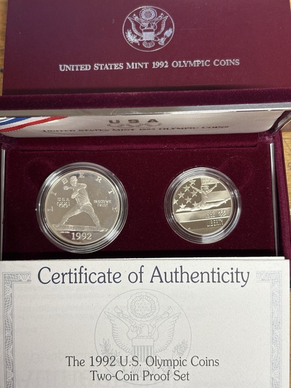 1992 U.S. MINT Proof Olympic 2 Coin set - Silver Dollar & Clad Half W/Box & COA