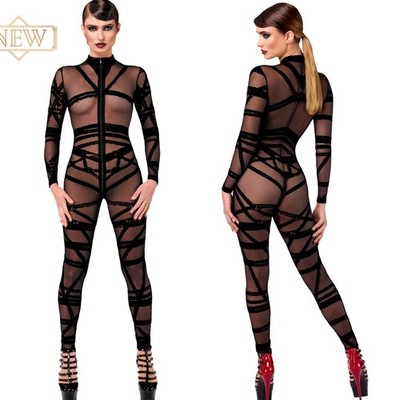 NOIR HANDMADE KINK TÜLL OVERALL DREI WEGE bondage catsuit clubwear netz schwarz