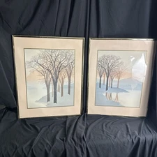 John Sovjani Watercolor Lithograph Trees Mountains Fog