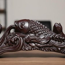 Auspicious Koi Ornament Hand Carved Wood Carving Statue Gift Idea