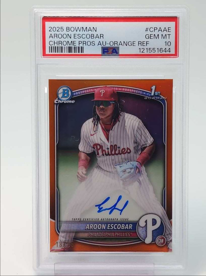 AROON ESCOBAR 2025 BOWMAN CHROME 1ST ORANGE REFRACTOR AUTO /25 PSA 10 Q2081
