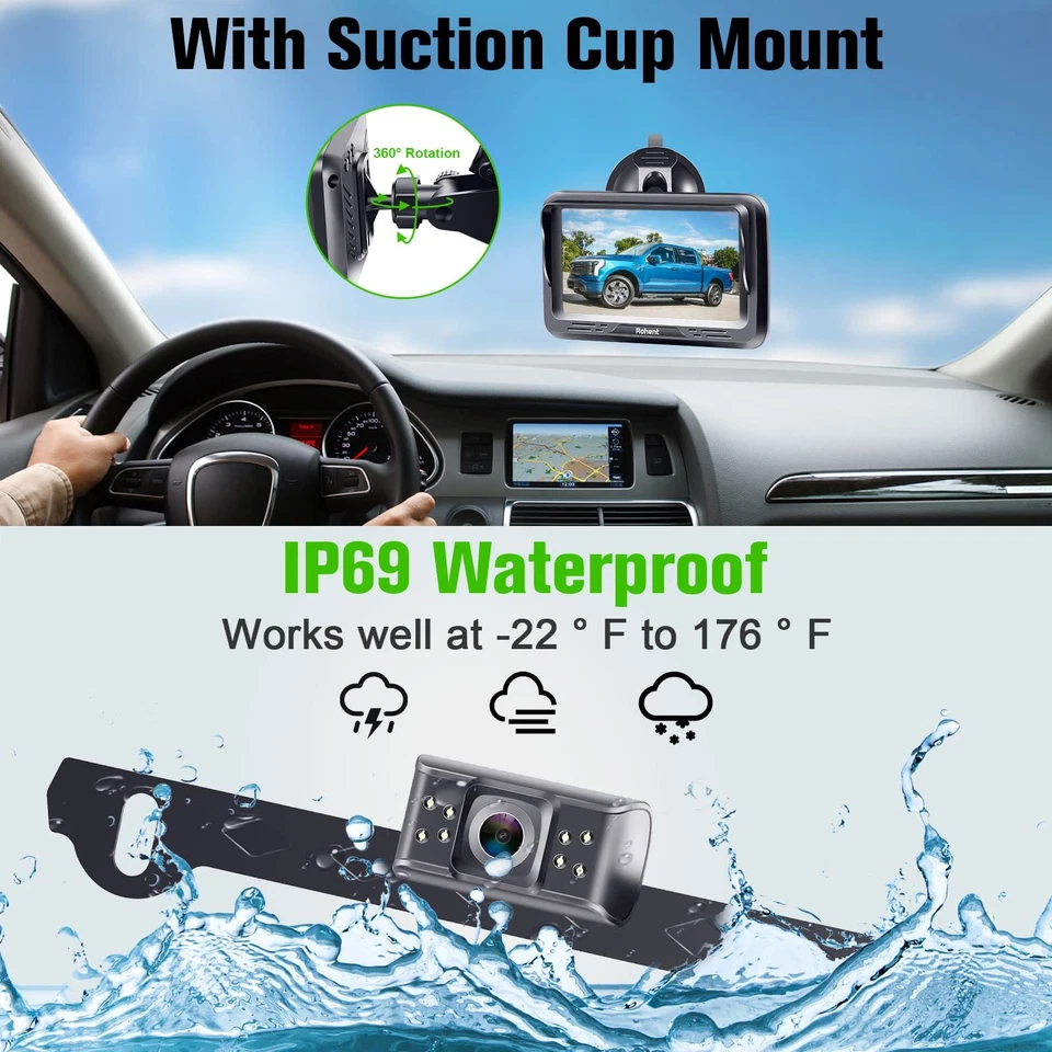Backup Camera Monitor HD 1080P Night Vision Waterproof Car Truck License Plat... - Image 4 of 4