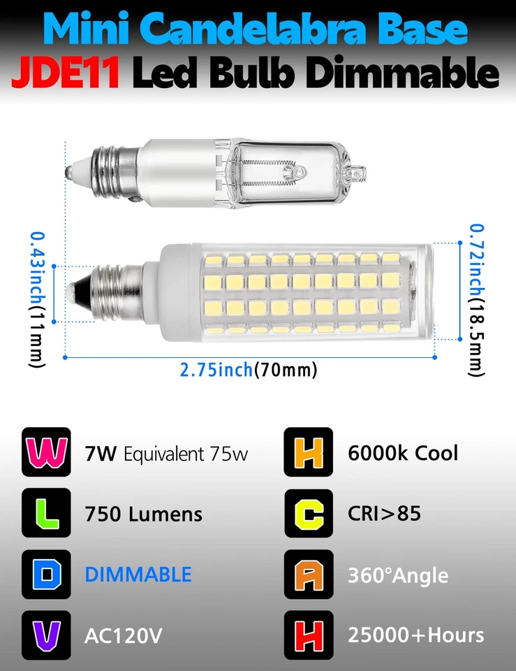 JD E11 Led Candelabra Bulbs 75 Watt Equivalent Dimmable, E11 7W 750LM Dayligh... - Image 4 of 4