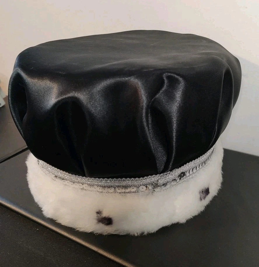 Black Satin Crown Cap Silver Sequin Band White Faux Fur Trim King Costume 6"x8" - Image 2 of 4