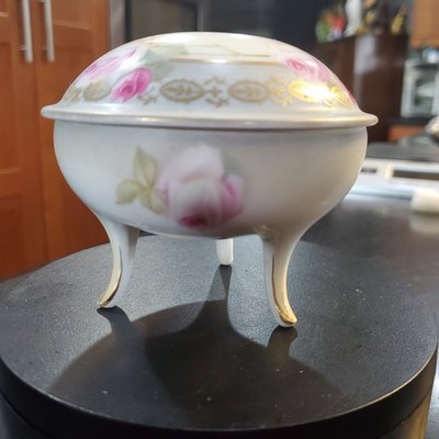 Antique RS GermanyHand Painted Roses Footed Trinket Dish/ Powder Box