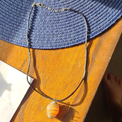 Handcrafted Wire-Wrapped Oval Orange Calcite Stone Pendant Necklace