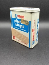 Vintage Revco Bandage Tin 1970s First Aid Metal Box 30 Strips Blue White