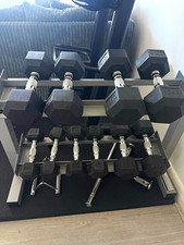 2-10kg Rubber Hex Dumbbells w Metal Storage Rack Set Black/Silver Gym Training