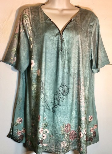 WOMENS SIZE L TOP GREEN /PAISLEY FLORAL PRINT ZIPPER ACCENT