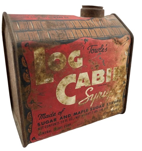 Vintage Original Towle’s Log Cabin Syrup Metal Tin Container Lots Of Wear 5”