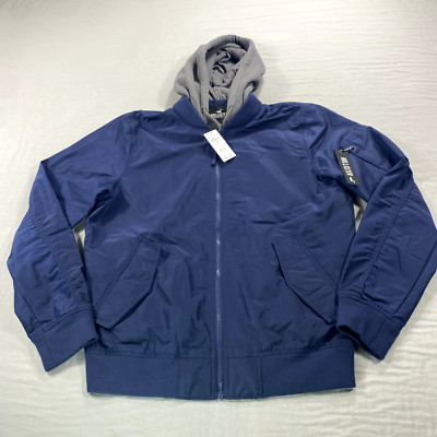 NEW Hollister Jacket Mens Large Blue Bomber Hood Full Zip Insulated Windbreaker