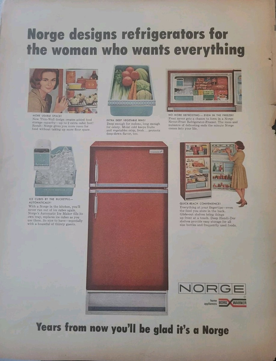 1965 Brown Norge refrigerator for woman who wants everything