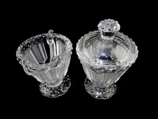 Pressed Glass Cream Pitcher and Sugar Bowl with Lid, Heavy Glass ZIPPER Pattern 