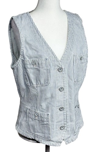 Vintage Lauren Jeans Size L Women Stripe Button Front Vest 100% Cotton - Picture 2 of 12