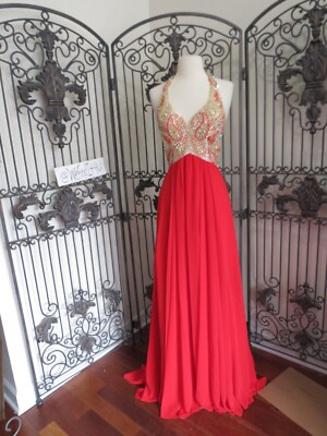 P294 MICHELLE K 0582 RED LG 10-12 RHINESTONE PROM HOMECOMING DRESS