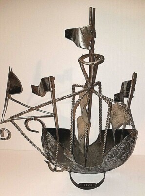 Metal Pirate Ship Sculpture Large Old World Marked ''Exico'' Decorative 16'' Tall