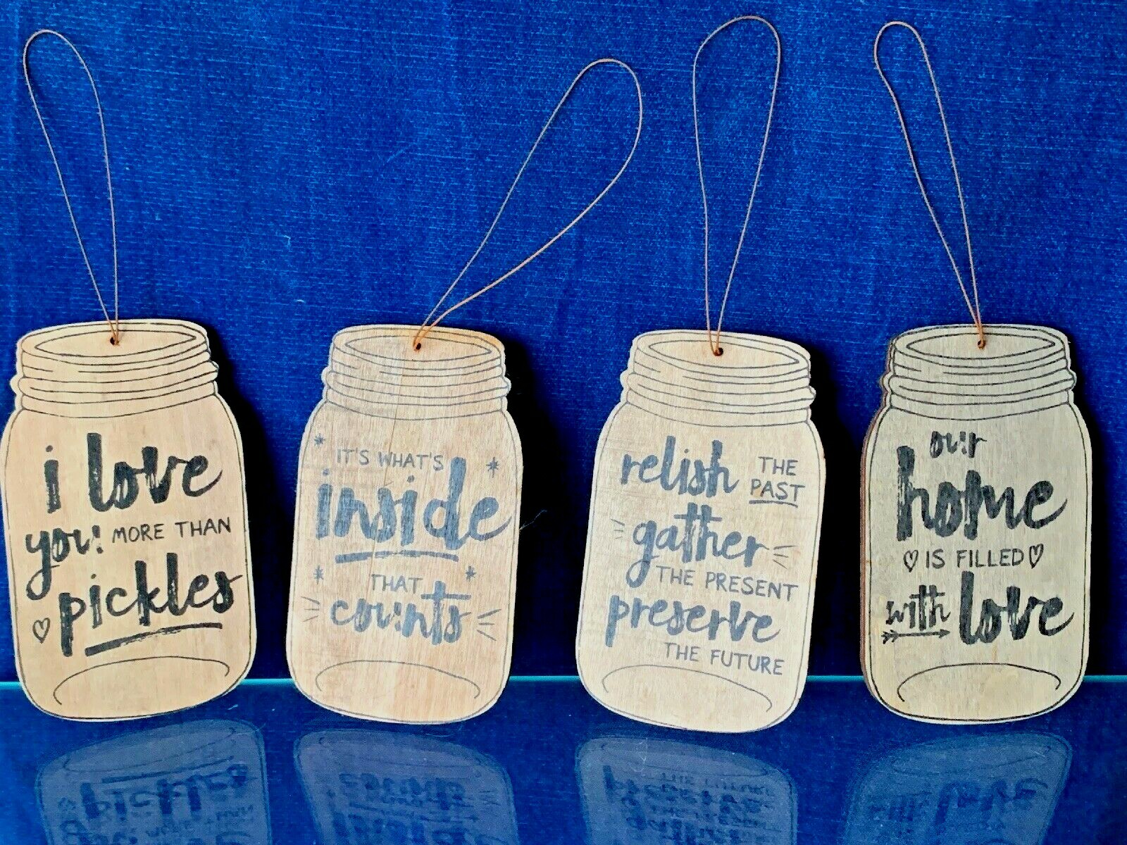 Vintage Primitive RELISH PICKLE MASON JAR Ornaments Gather Family Set of 4 ❤️m9