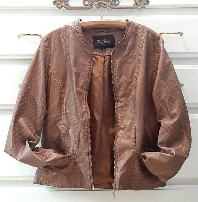 Chaqueta de Moto Guess Talla L Cuero Vegano Envejecida Cremallera Completa Cremallera Frontal Pkts Marrón Foto 4 de 4