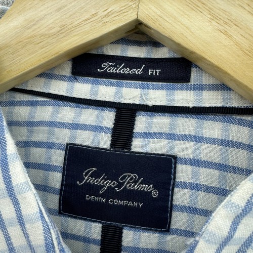 Indigo Palms Shirt Mens Medium Tailored Fit 100% Linen Blue Check Embroidered - Picture 4 of 14