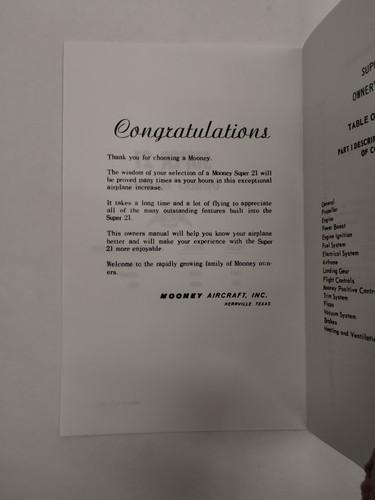 Mooney 1964-66 Super 21 Model M20E Owner's Manual- Reproduction - Picture 3 of 24