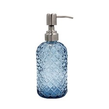 16 oz Diamond Pattern Glass Soap Dispenser, Kitchen and Bathroom Blue
