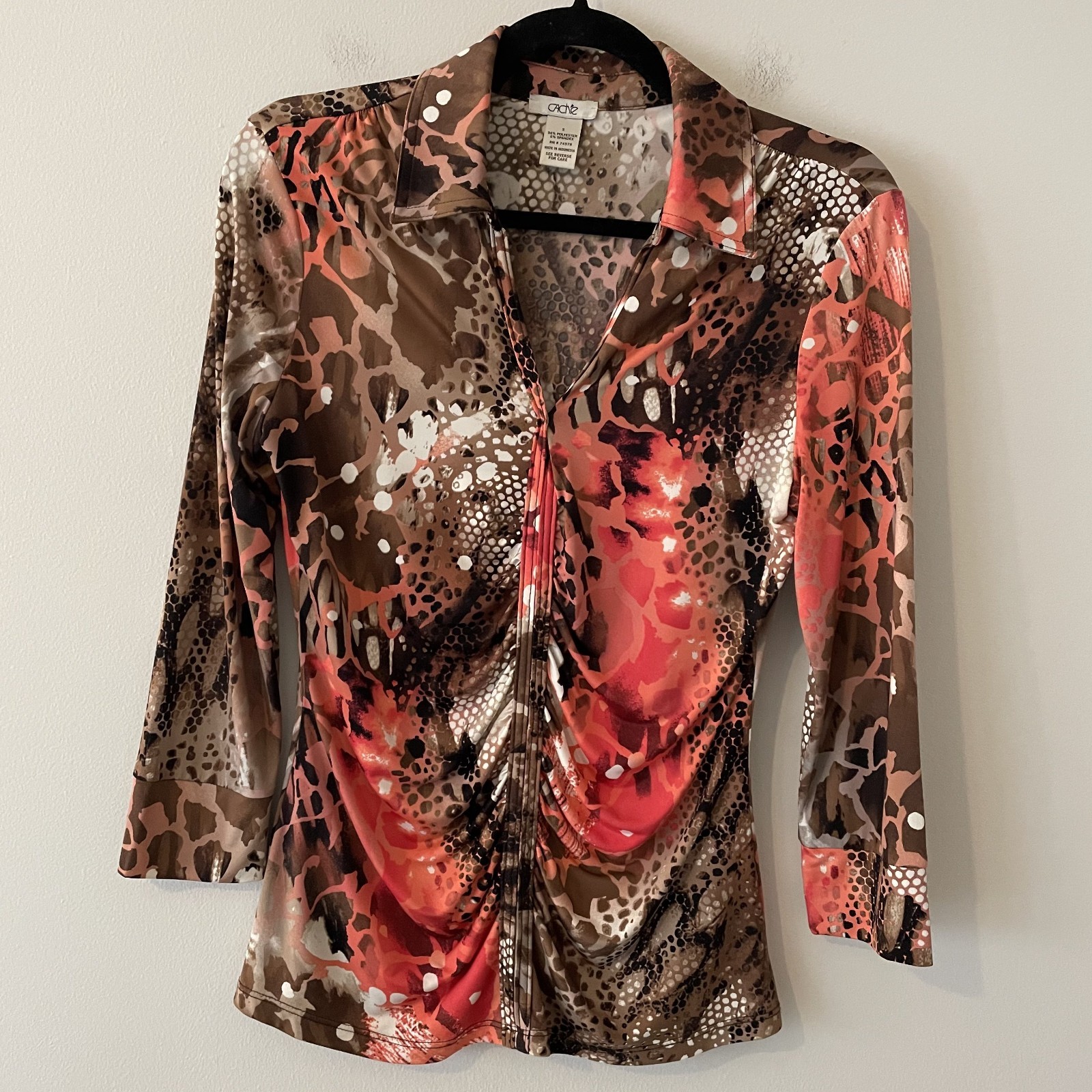 VTG Cache Ruched Button Front Collared Top S Stre… - image 1